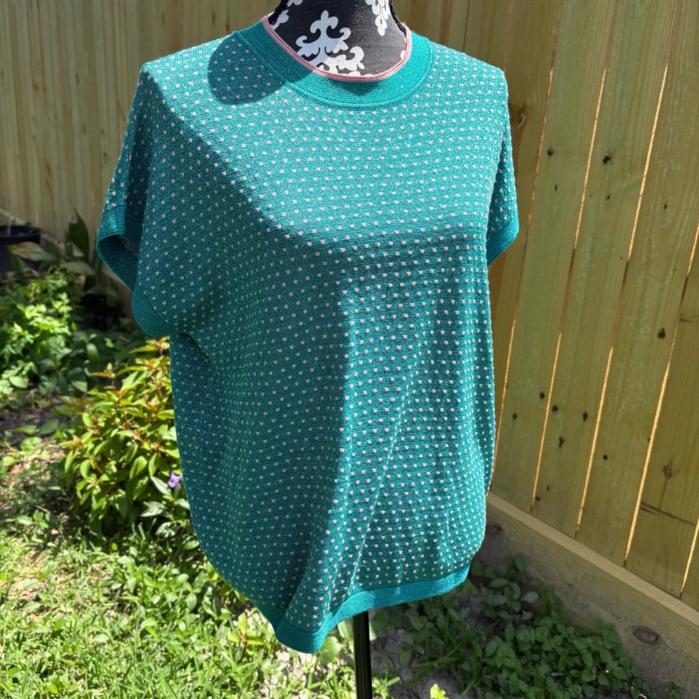 Numph Darlene Pullover Teal & Pink Polka Dot Women's Short Sleeve Top Sweater S - Picture 2 of 9